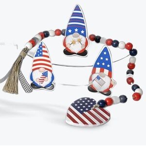 Handcrafted Patriotic Heart Beaded Garland & Gnome Shelf Decor 4 piece set
